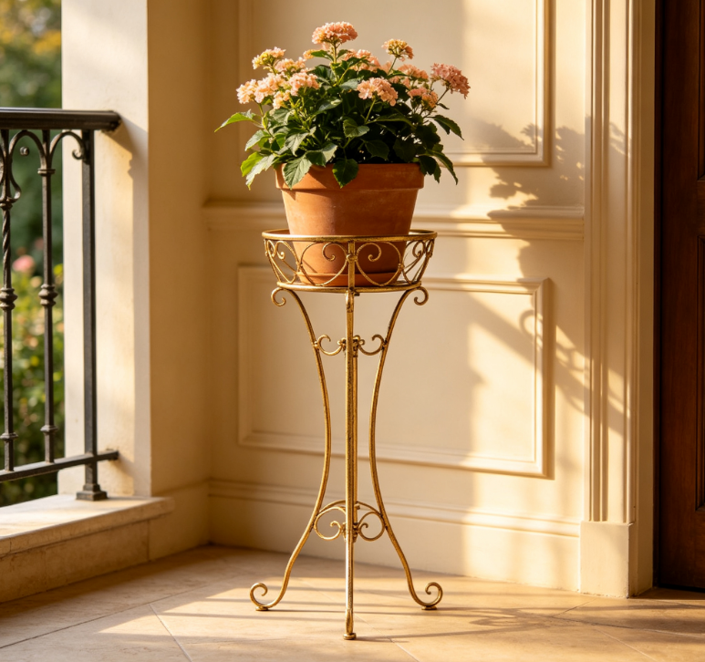 Vintage Gilded Iron Adjustable Floor-Standing Planter Stand